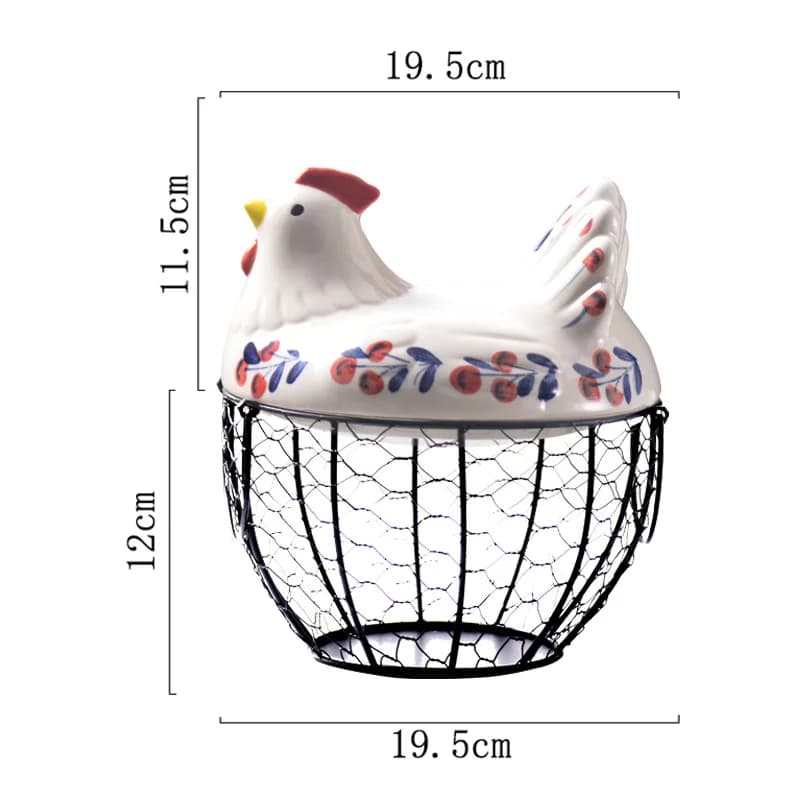Panier à œufs en fer en forme de poule, style ferme, avec couvercle en céramique, pour rangement de