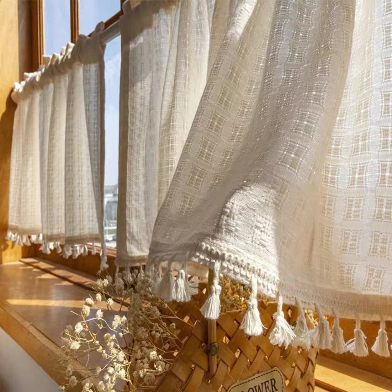 1 rideau de café moderne style ferme avec franges, style américain et moyen-oriental, draperies cour