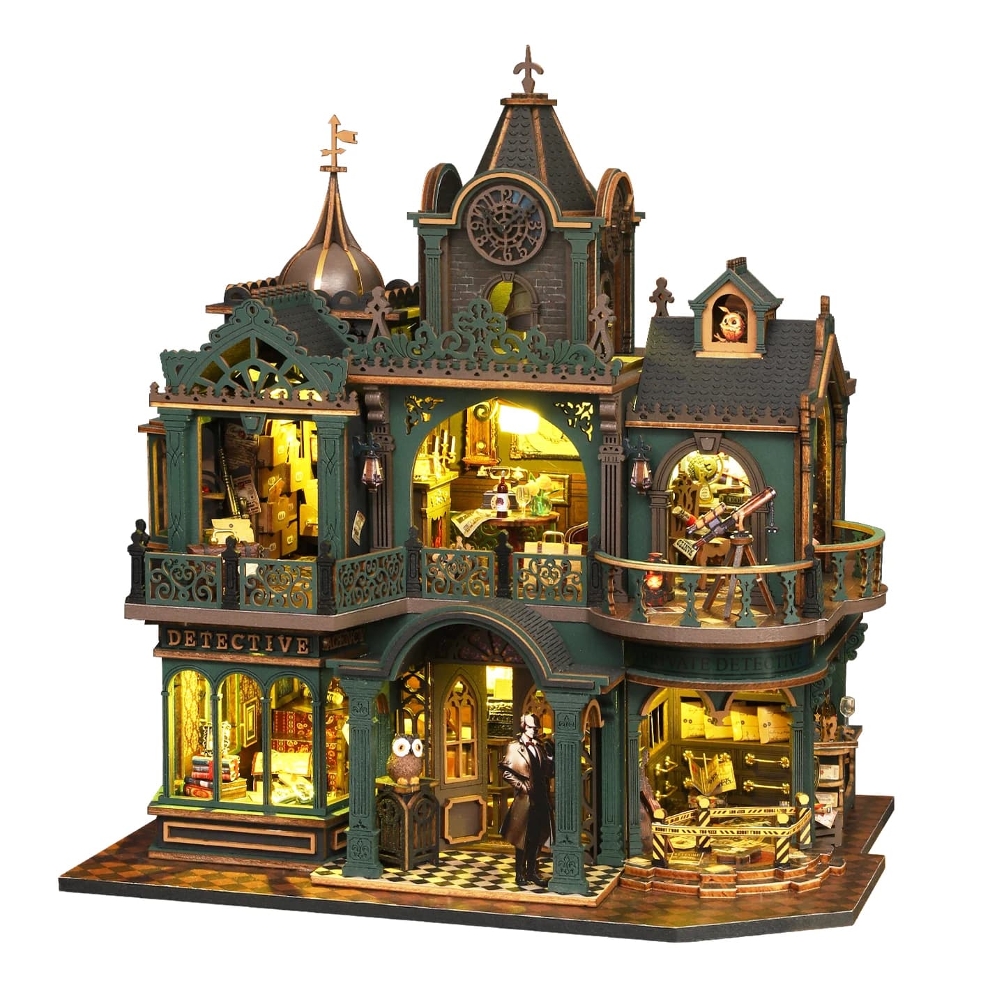 Kit de Modélisme DIY en Bois Maison de Poupée Agence de Détectives Magique Verte avec Meubles et Lum