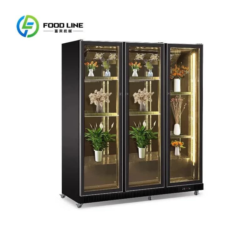 Réfrigérateur de présentation de fleurs fraîches à 3 portes en verre transparent personnalisé, idéal
