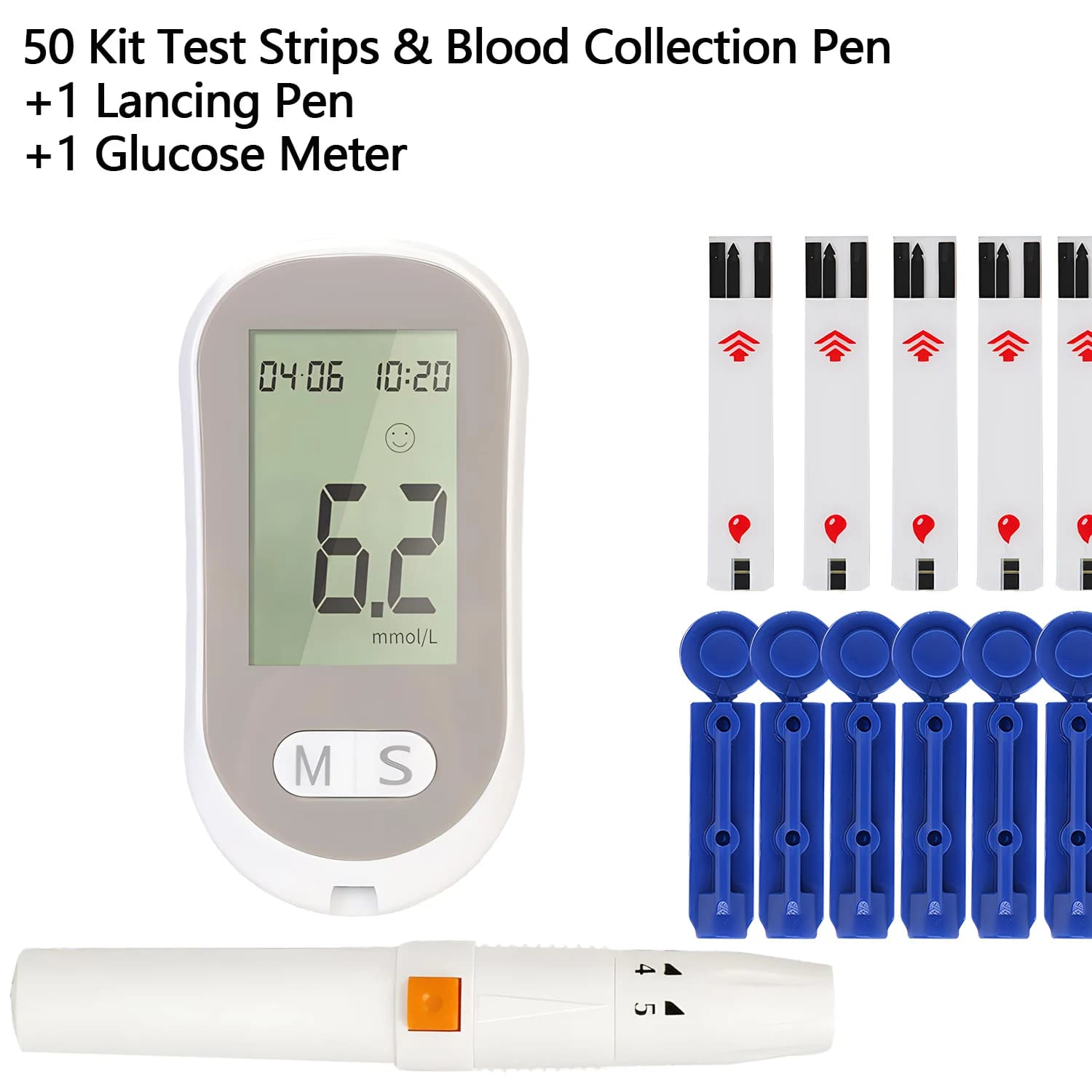 Kit de surveillance de la glycémie avec 50 bandelettes de test, lancettes, lecteur de glycémie médic