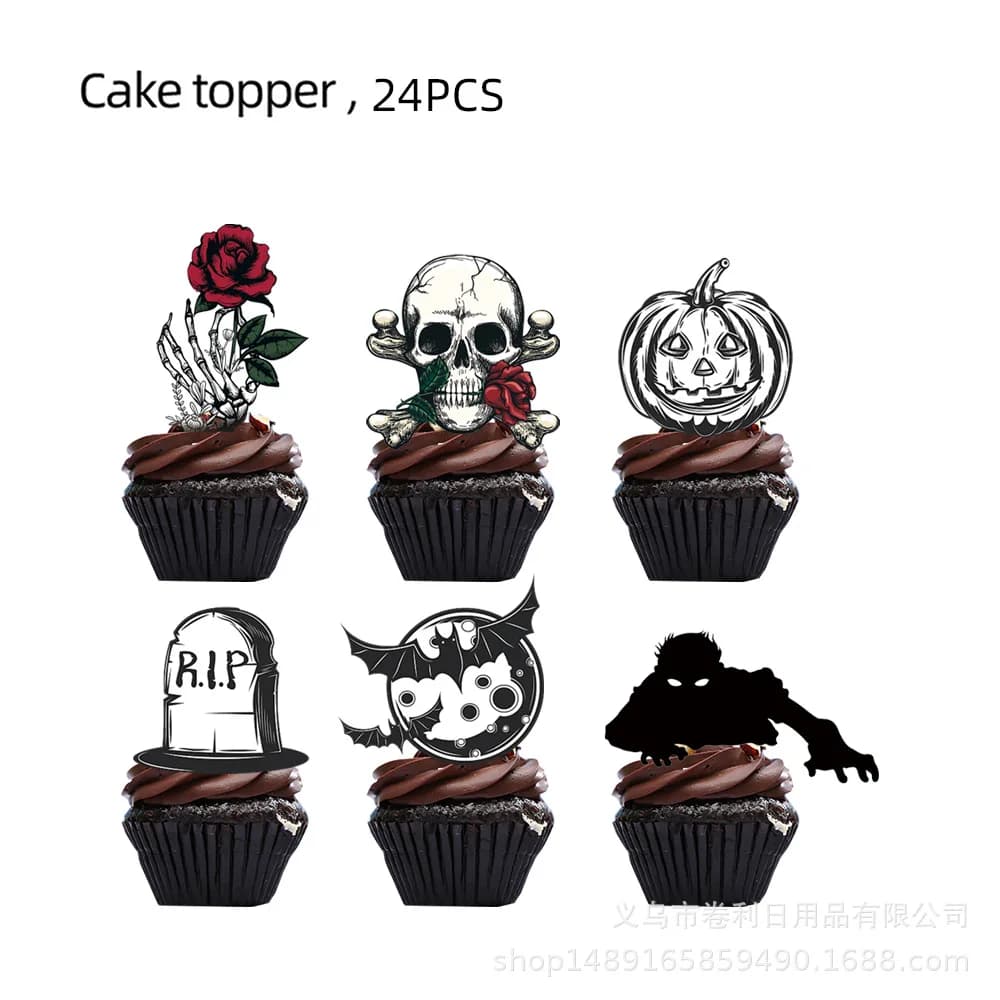 Vaisselle jetable pour fête d'Halloween à thème crâne noir, bannière Joyeux Halloween et guirlande s