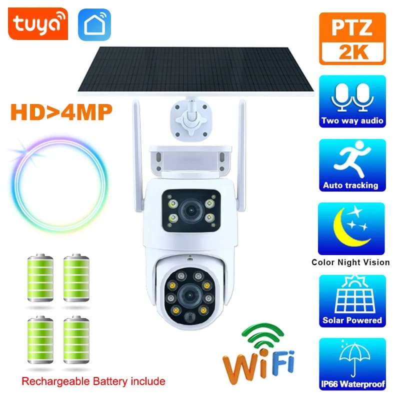 Caméra solaire WiFi Tuya extérieure étanche HD 4MP double objectif batterie 10000mAh application Sma