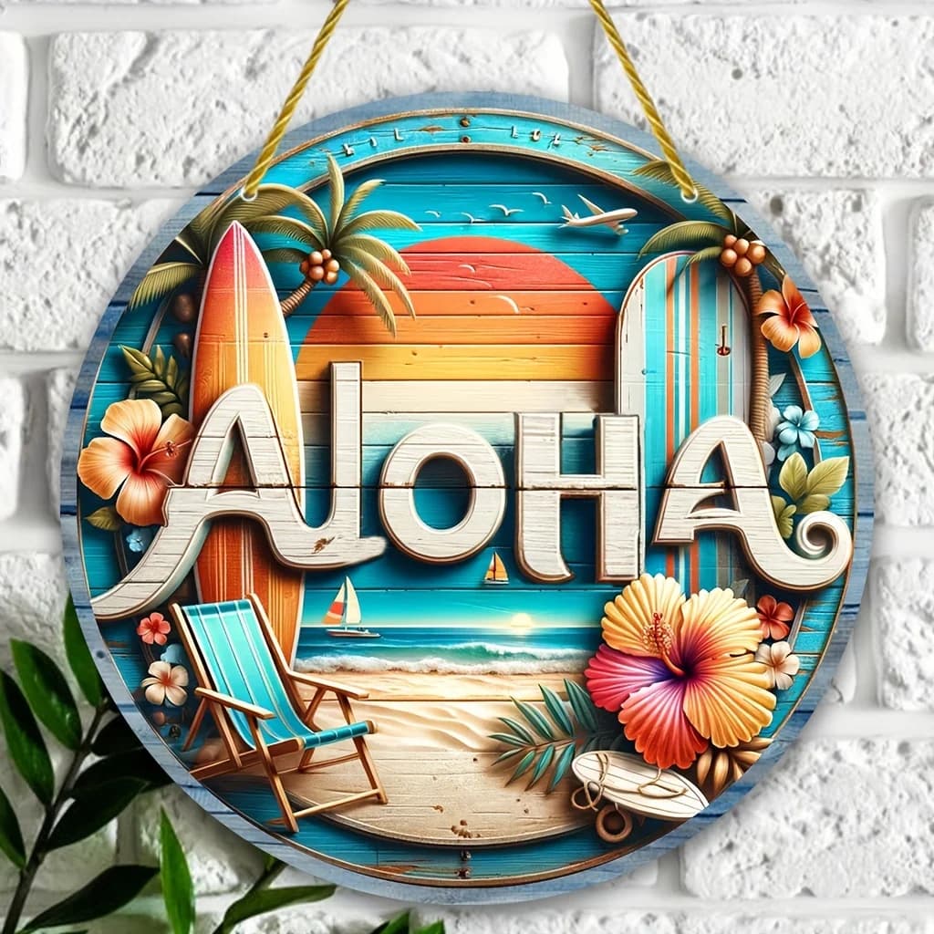 1 pendentif signe en bois Aloha/art mural de plage rond avec couronne numéro de maison de bienvenue/