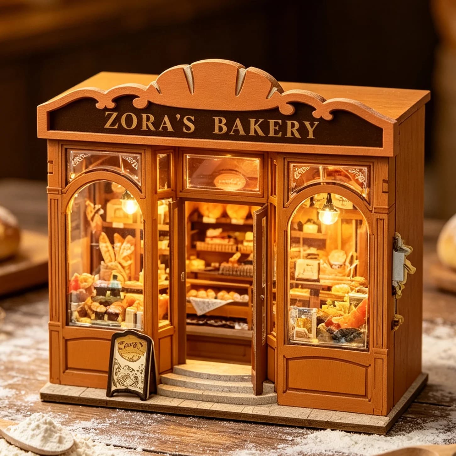 Kits de modèles miniatures de maison en bois DIY ZORA'S BAKERY avec meubles, lumières LED, maison de