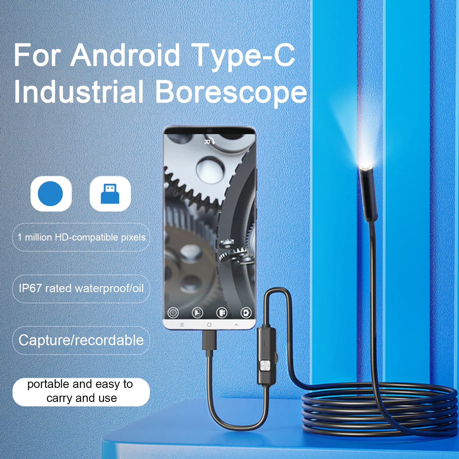 Caméra endoscopique de type C avec 6 lumières LED, idéale pour les scénarios de voiture, 5.5/7mm, 1m