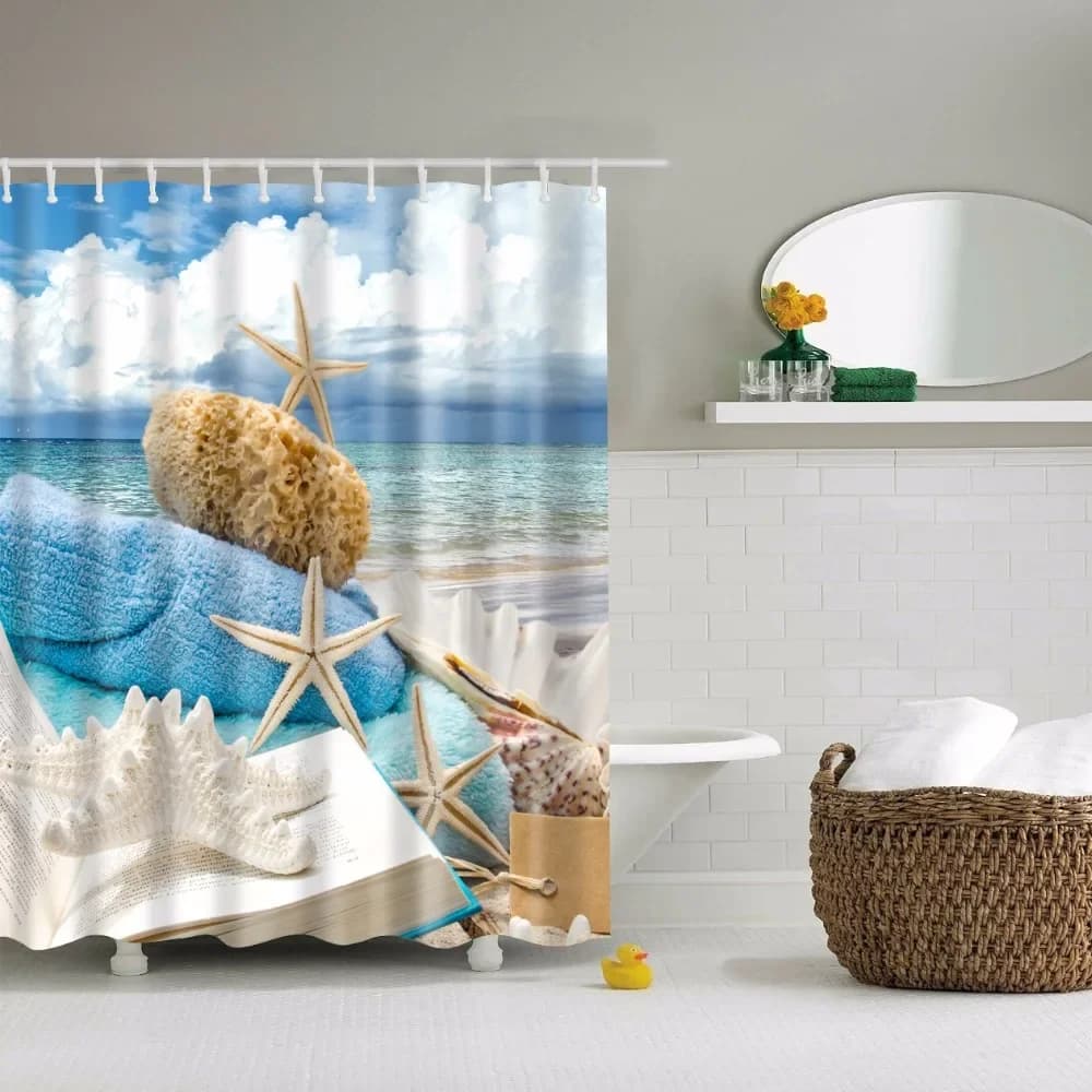Bord de mer scénique plage coquilles rideaux de douche étoile de mer conque panneau bleu palmiers co