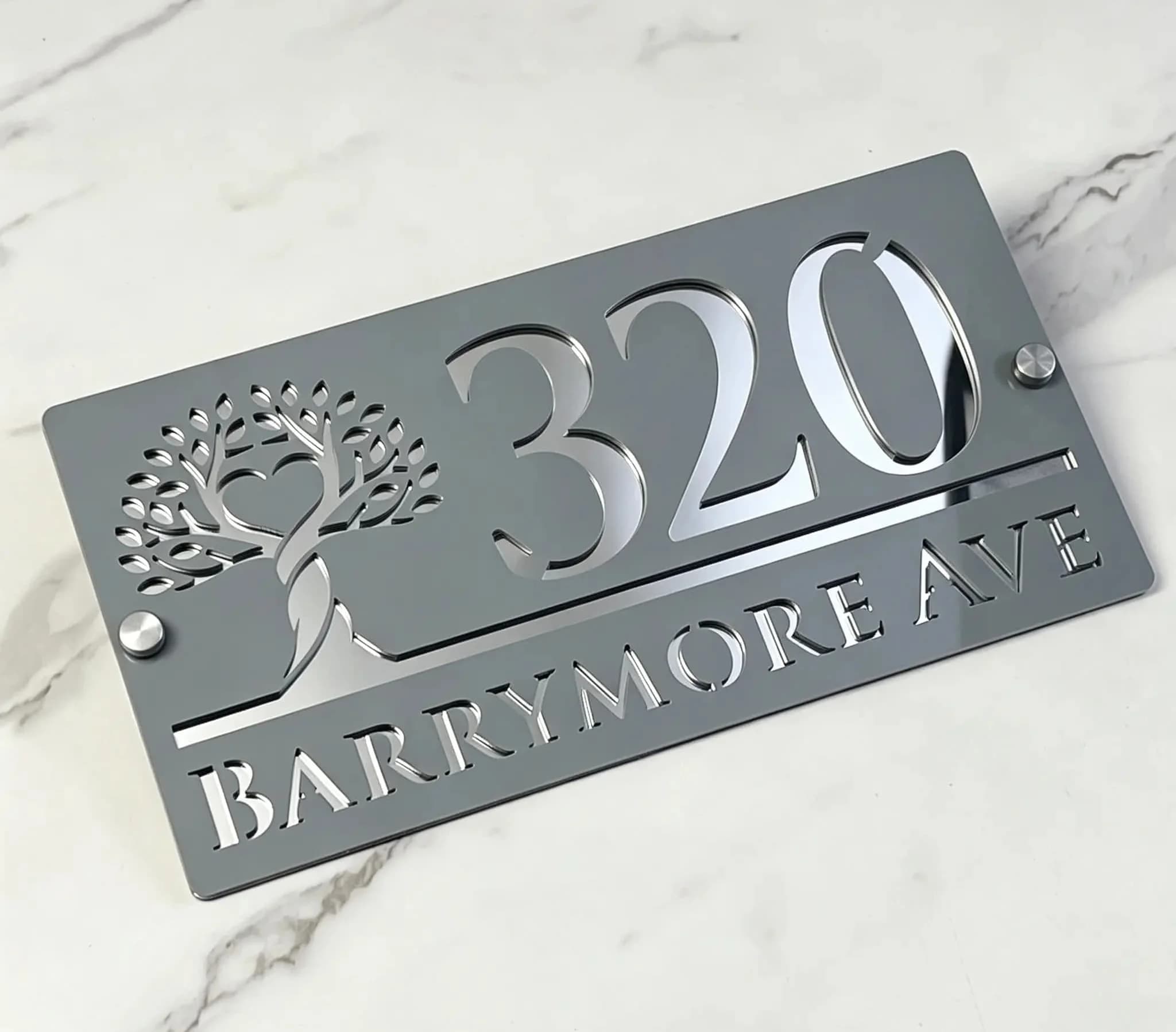Plaque de numéro de maison Arbre de Vie personnalisée gris et or, plaque acrylique 3D découpée au la