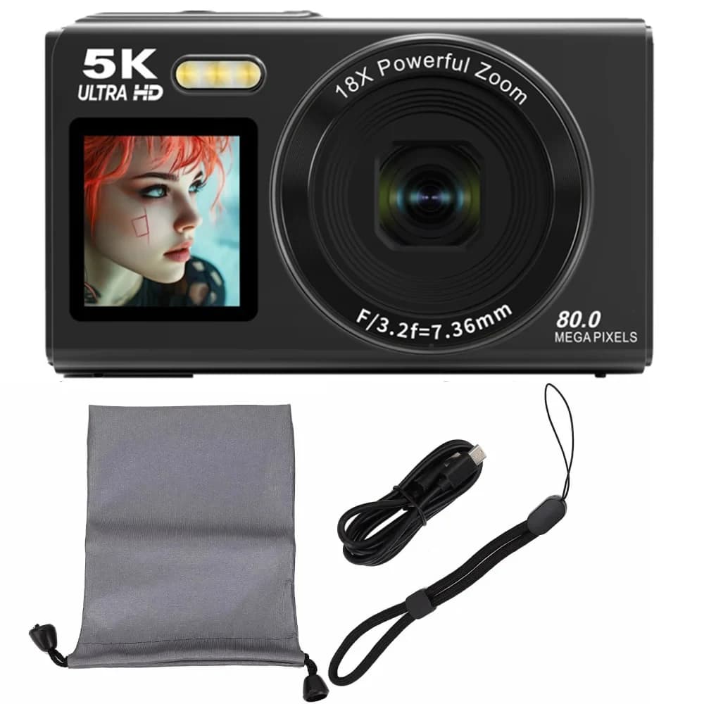 Appareil photo numérique Ourlife 5K 80MP avec zoom numérique 18X, double écran IPS, caméra WIFI, enr