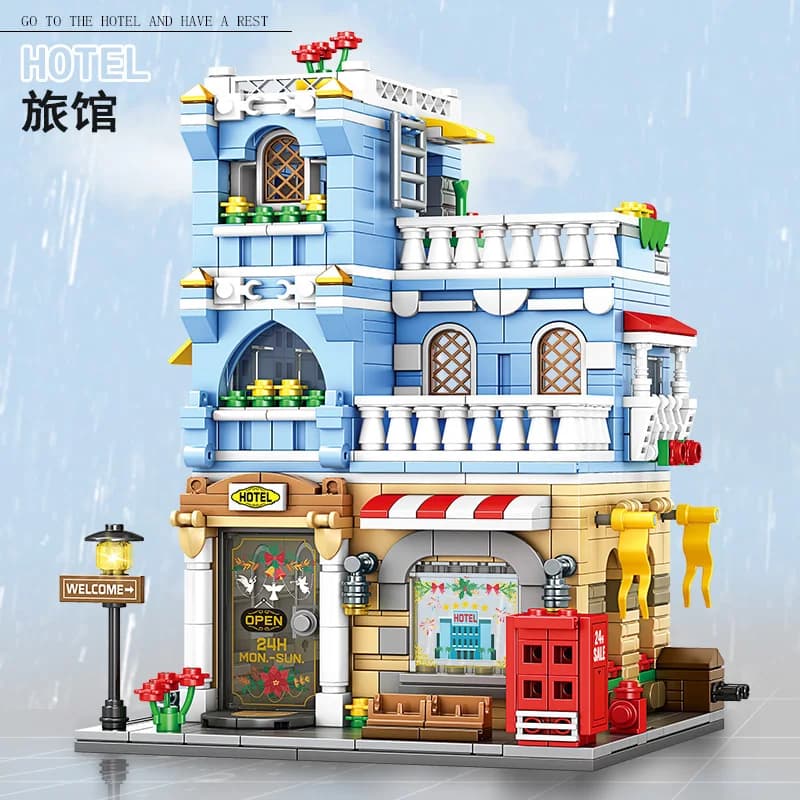 Blocs de construction modulaires pour hôtel City Street View, ensemble de briques d'architecture MOC