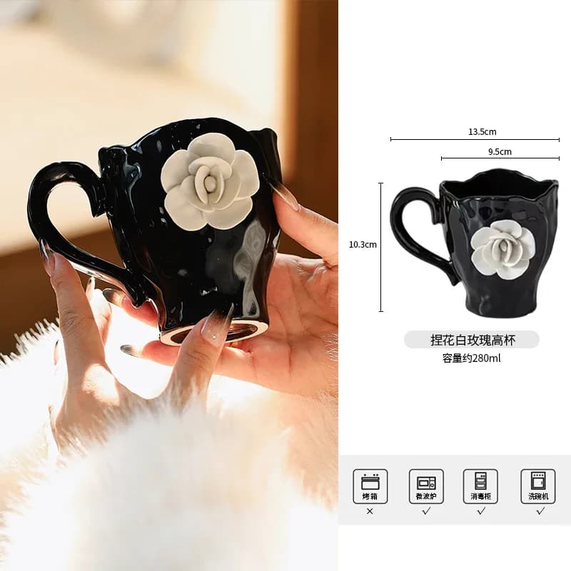 Tasses à café en céramique camélia française, tasse à lait de petit déjeuner rose blanche 3D, ensemb