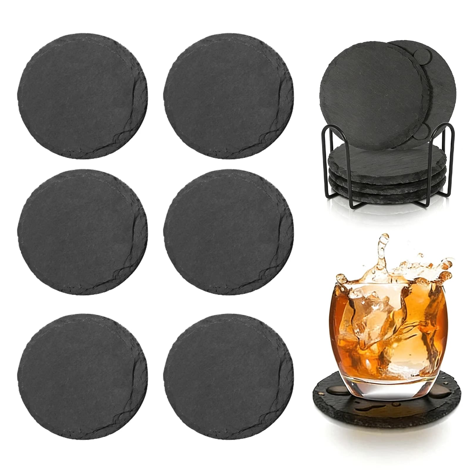 Sous-verres en ardoise (cercle/hexagone/carré), sous-verres en pierre d'ardoise noire de 4 pouces, s
