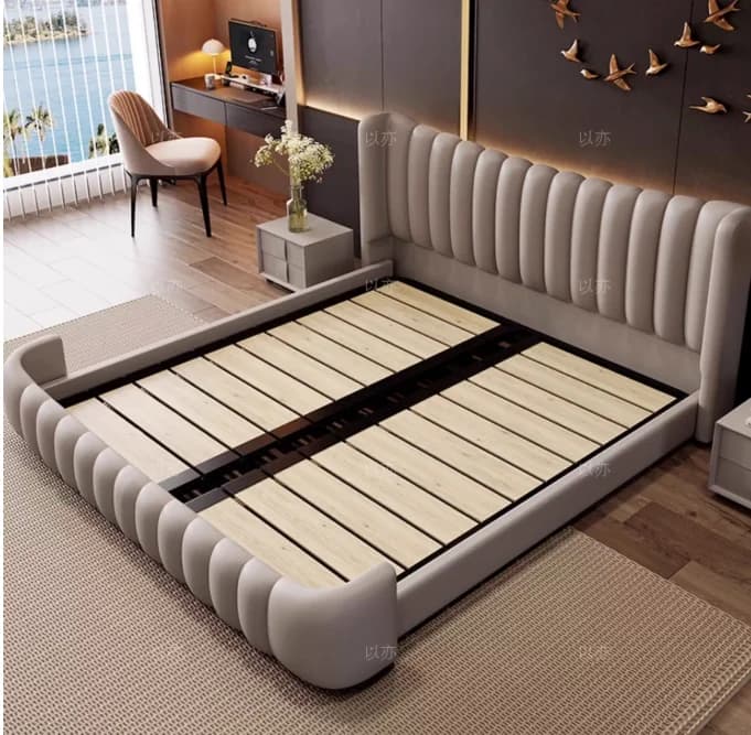 Lit moderne 180x200 pour 2 personnes, style minimaliste italien, cadre et tête de lit en bois, lit d