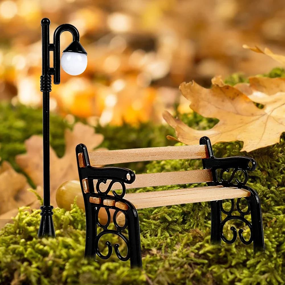 Banc de parc en bois et lampadaire, Micro Figurines de paysage, meubles de maison de poupée, jouet d