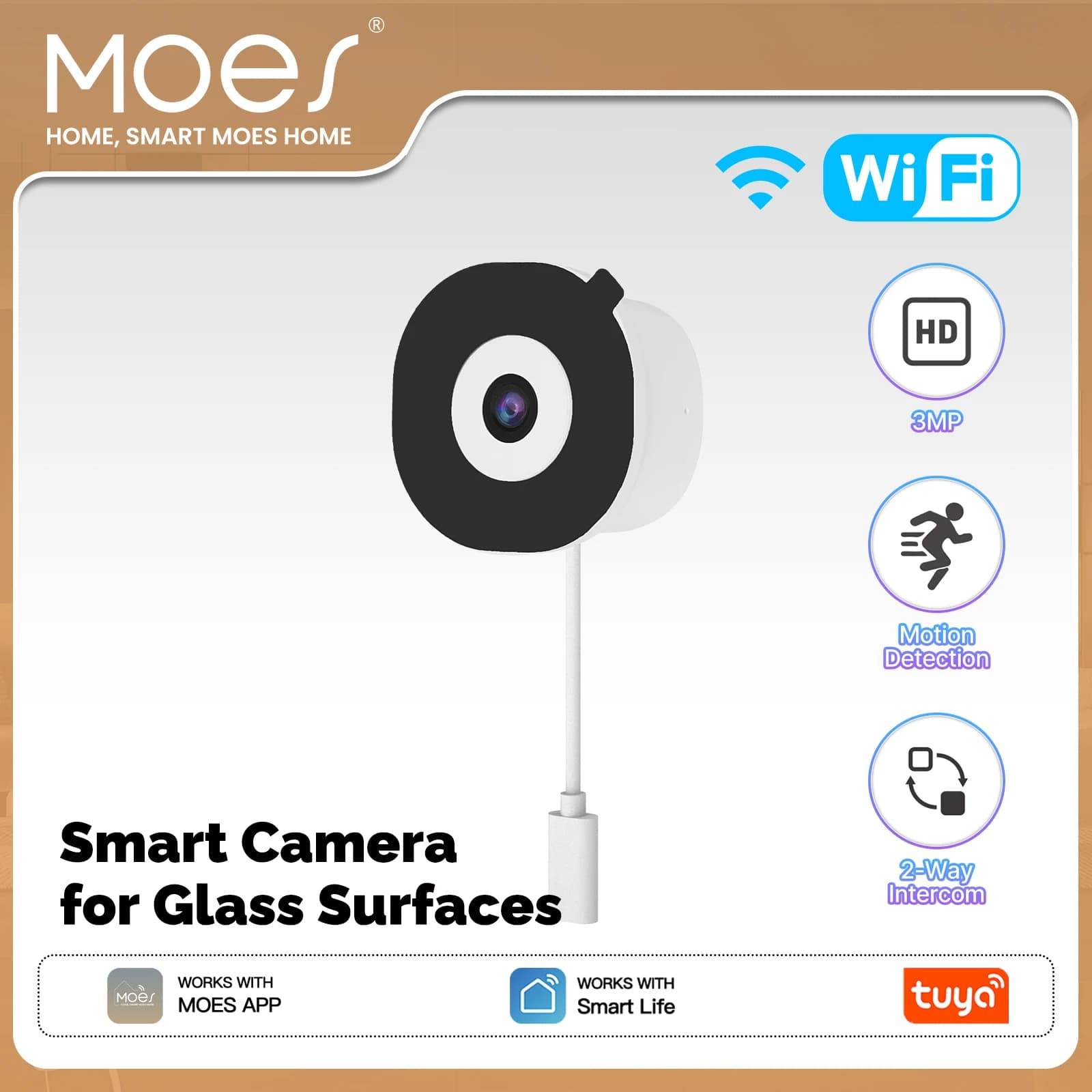 Caméra de surveillance intelligente WiFi MOES Tuya 3MP pour fenêtre, montage sur surface vitrée, vis