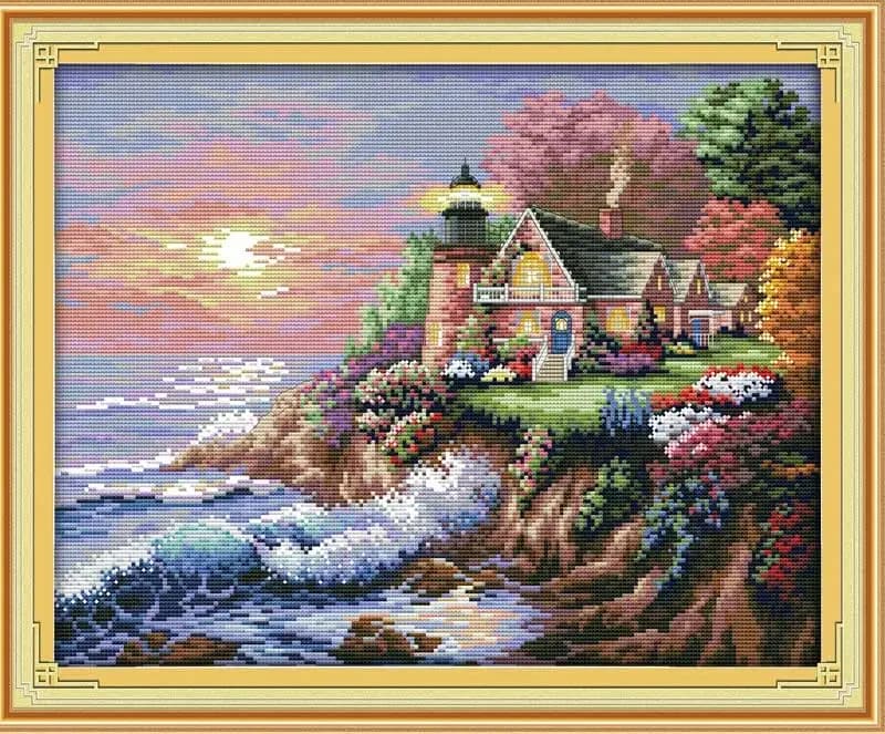 Kit de points de croix, motif phare de bord de mer, toile imprimée comptée 11/14/16CT, ensembles de