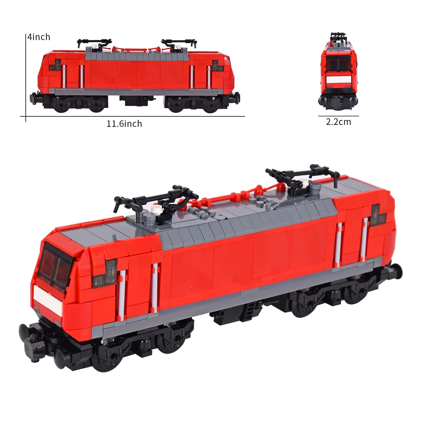 Locomotive électrique rouge/grise : fenêtres noires/pantographe, rayures blanches, briques à clipser