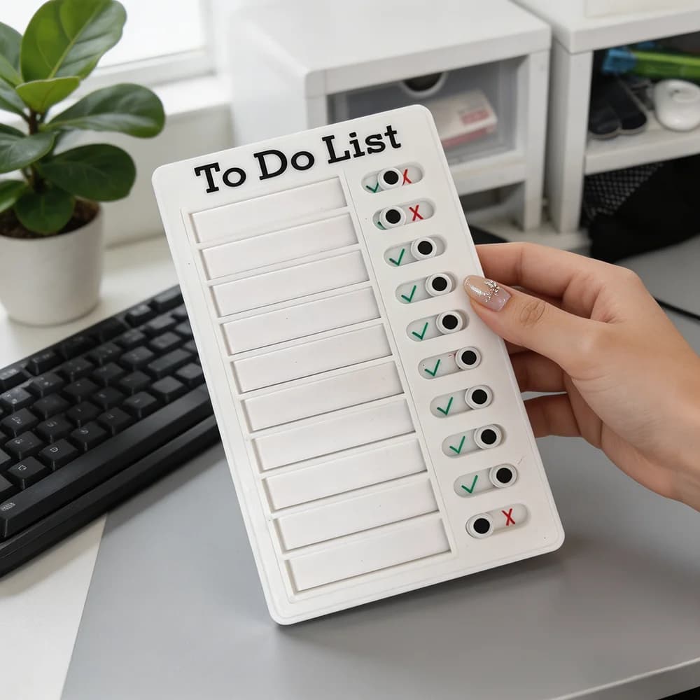 Tableau de planification blanc avec carreaux coulissants, suivi des habitudes pour étudiants et bure