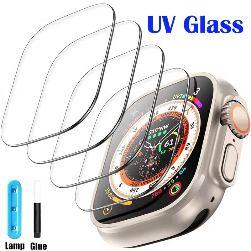 Verre trempé à colle complète liquide UV pour Apple Watch 46 44 45 42 41 40 MM protecteur d'écran IW