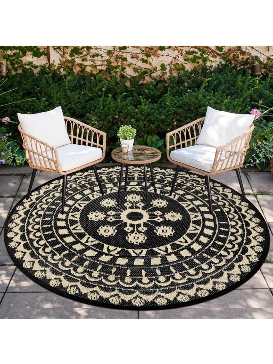Tapis d'extérieur rond pour Patio, tapis réversible, en paille en plastique imperméable, style Boho