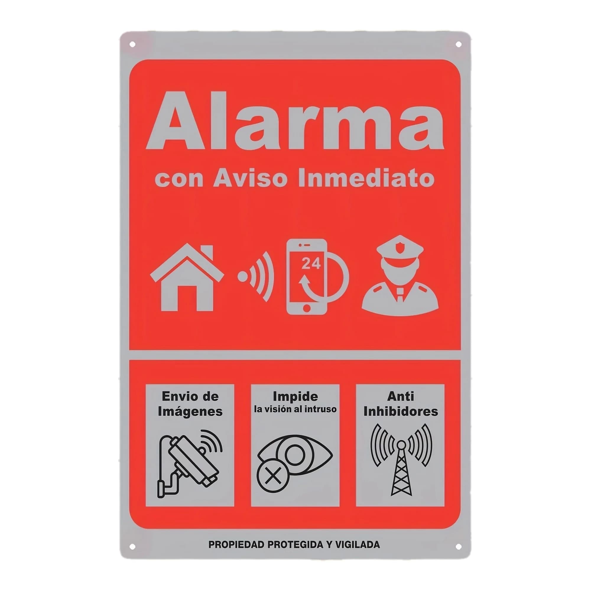 Panneau en métal « Alarma Española con Aviso Inmediato » – Propriété protégée et surveillée – Plaque