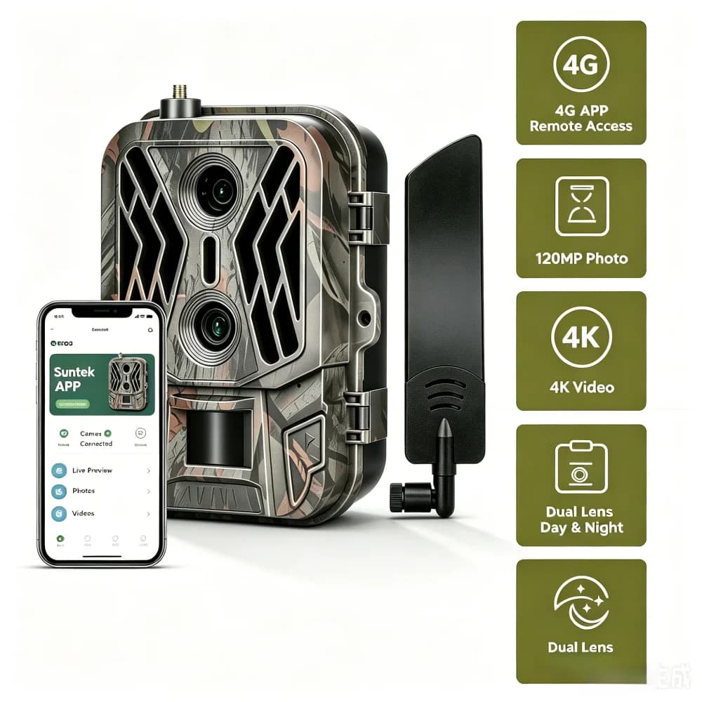 Caméra de chasse 4K 4G avec vision nocturne, double objectif, carte SIM intégrée, 120MP, batterie li