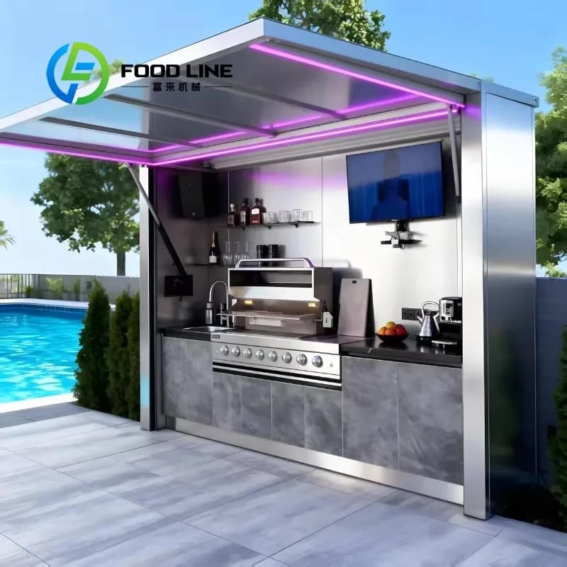 Abri modulaire personnalisé, résistant aux intempéries, avec cuisine extérieure intégrée, barbecue e