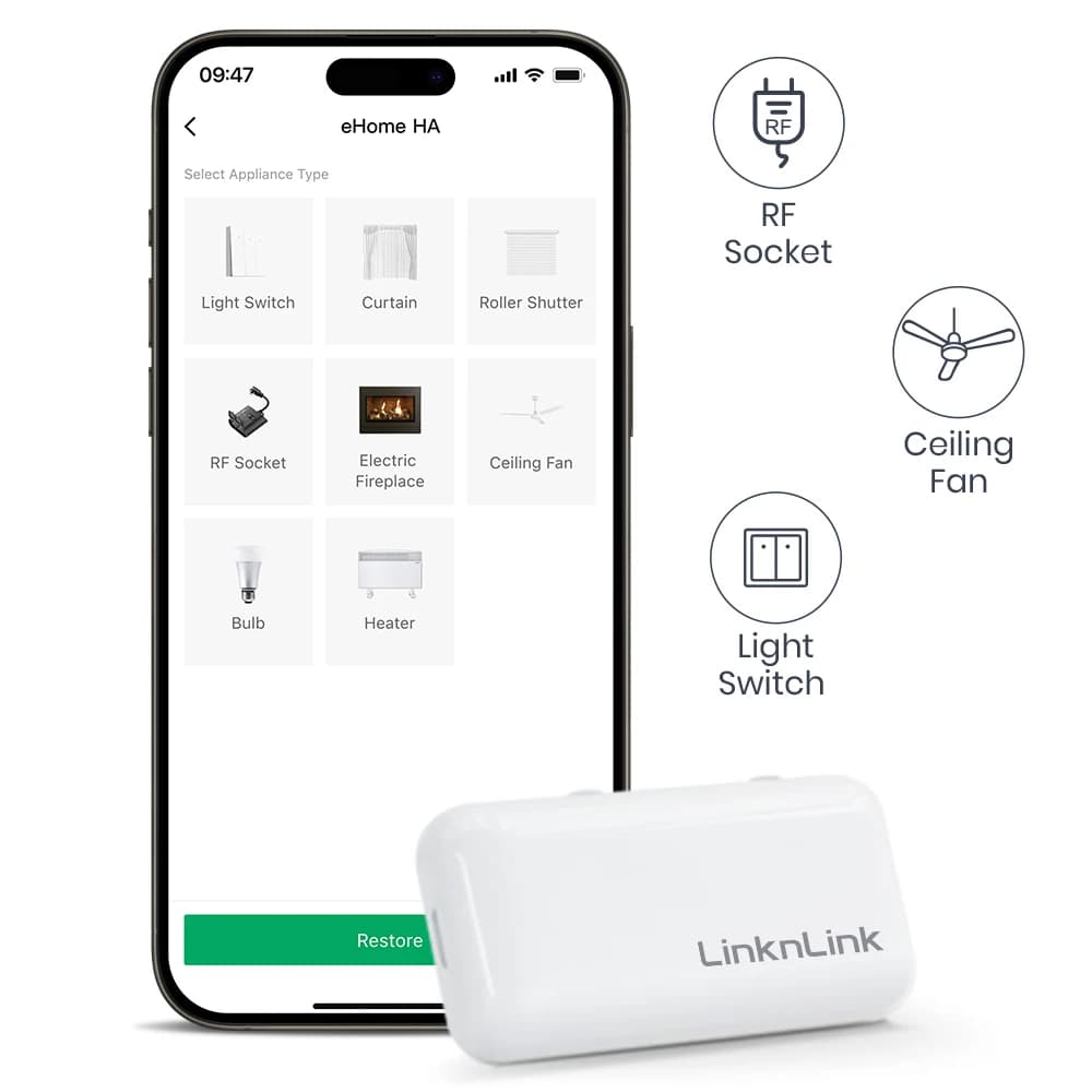 LinknLink eHome HA Wi-Fi Smart RF télécommande universelle pour interrupteur d'éclairage, ventilateu