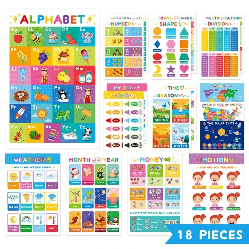 18 affiches éducatives pour les tout-petits, affiches d'apprentissage laminées pour la salle de clas