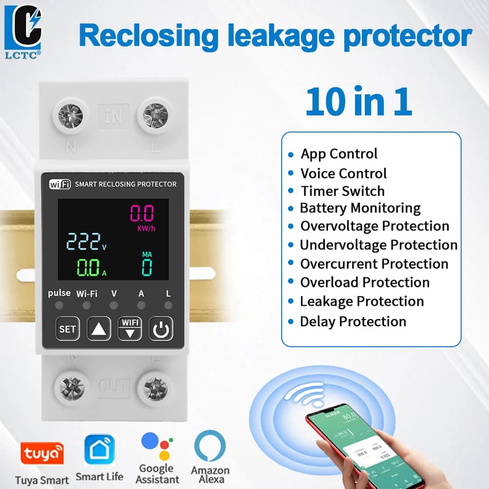 LCTC Tuya – disjoncteur WiFi intelligent, protecteur de surtension de fuite, minuterie de mesure de