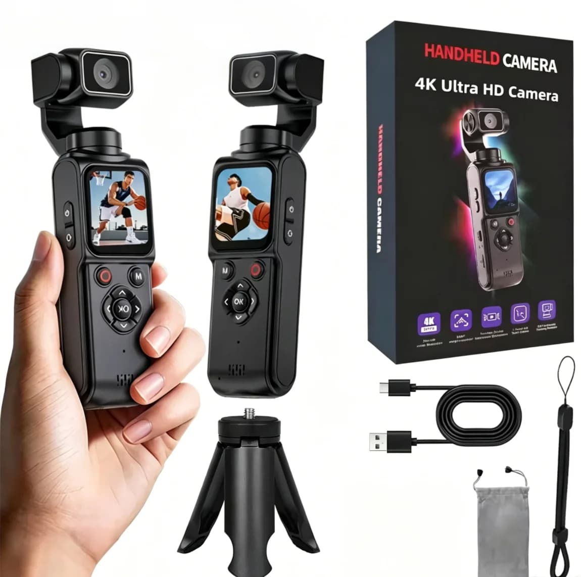 Caméra de streaming en direct 4K, caméra de poche, écran tactile 1,72 pouces, zoom, caméra sport, en