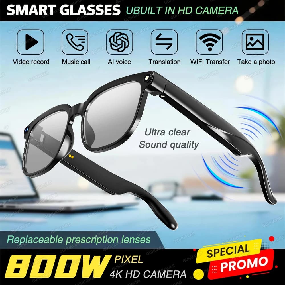 Nouvelles Lunettes Intelligentes IA 2026 avec Caméra 8MP, Enregistrement Vidéo 4K, Assistant Chat GP