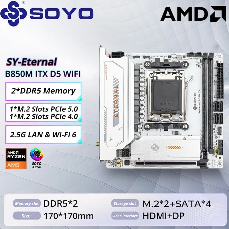 SOYO B850M ARGB carte mère WIFI6 MINI-ITX double canal DDR5 M.2 PCIE5.0 TYPE-C AM5 Socket AMD B850IT
