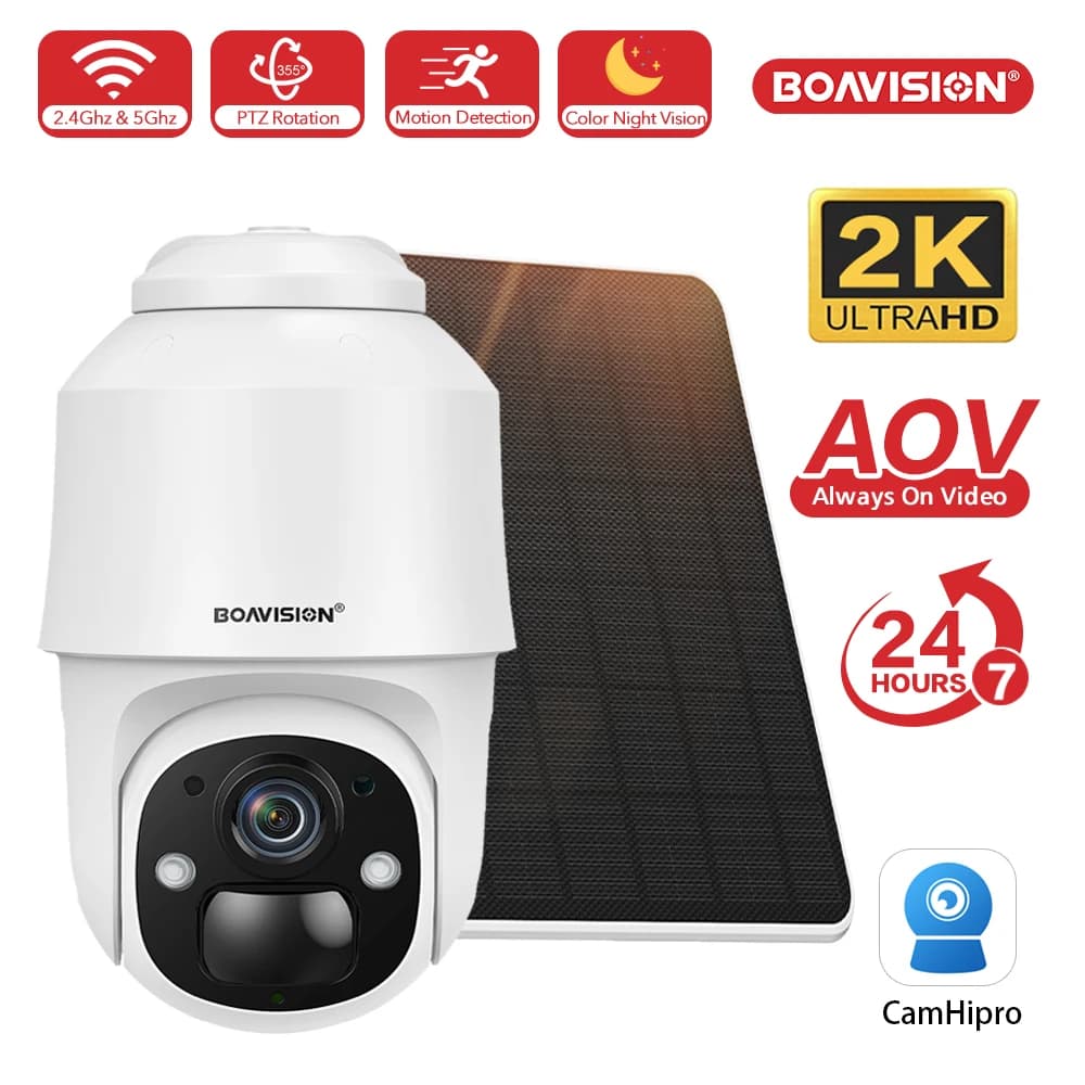 Caméra de sécurité solaire WiFi AOV 3MP avec batterie rechargeable intégrée, prise en charge du WiFi
