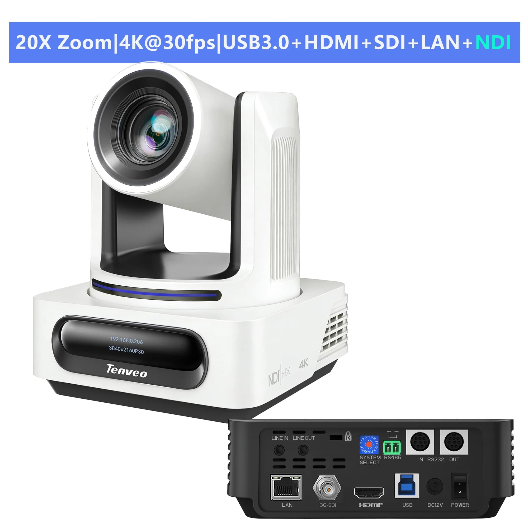 Caméra PTZ Tenveo 4K NDI avec suivi automatique des visages et des silhouettes humaines par IA, zoom