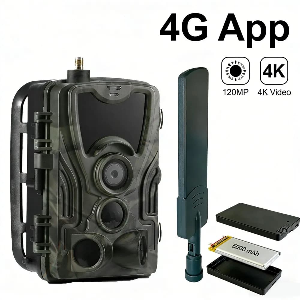 Caméra de chasse 4G 4K 120MP avec vidéo en direct, batterie 5000mAh, application mobile, vision noct
