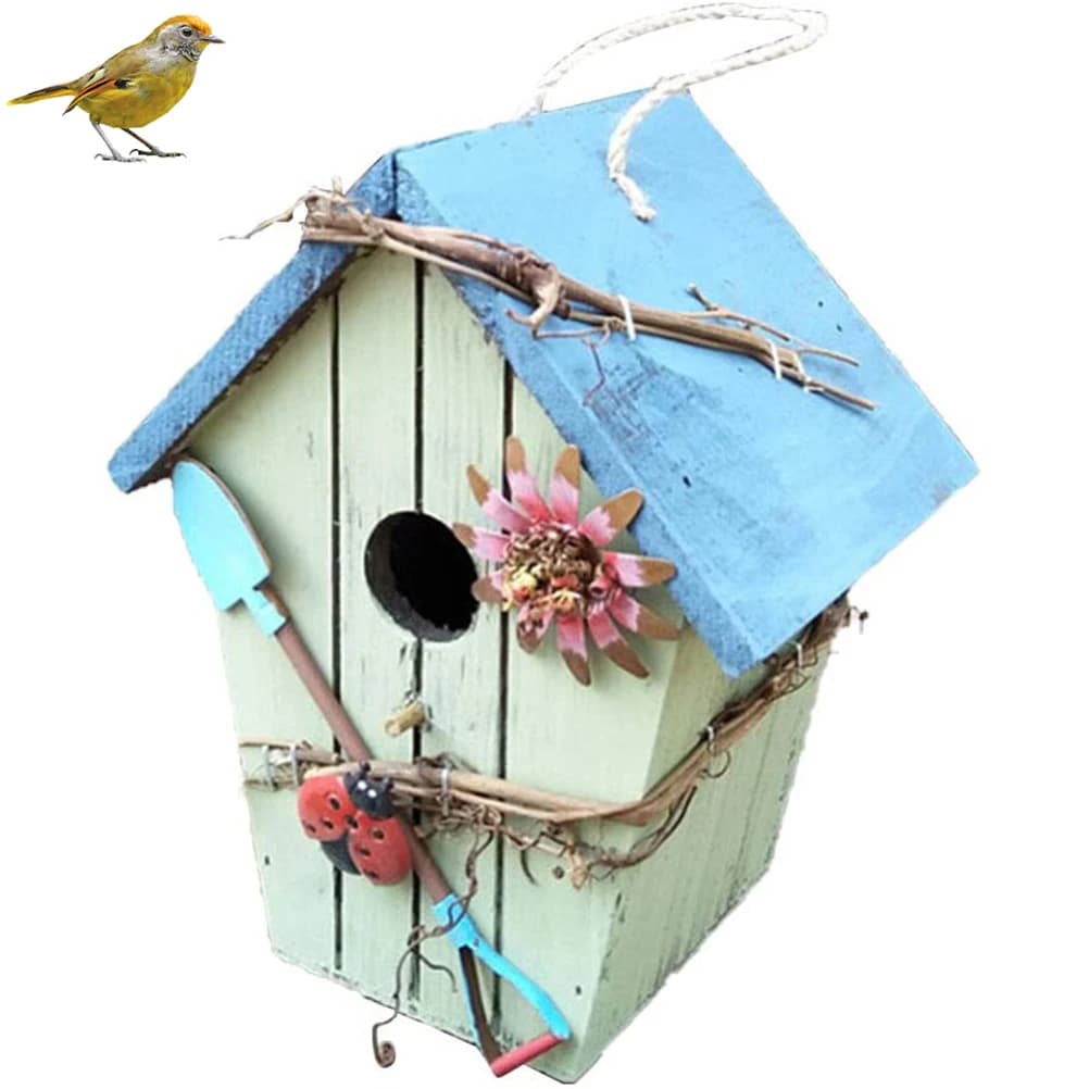 Nichoir à oiseaux en bois de 7.8 pouces, maison à oiseaux peinte à la main pour suspendre en plein a