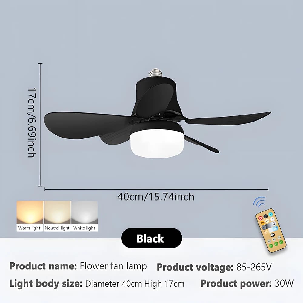 Ventilateur de plafond à douille avec télécommande, silencieux, variable, 3 couleurs, E27, avec lumi