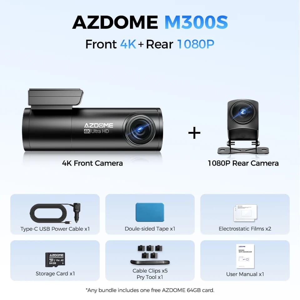 AZDOME-Caméra de tableau de bord M300S, caméra arrière de voiture, objectif 800MP, GPS intégré, WiFi