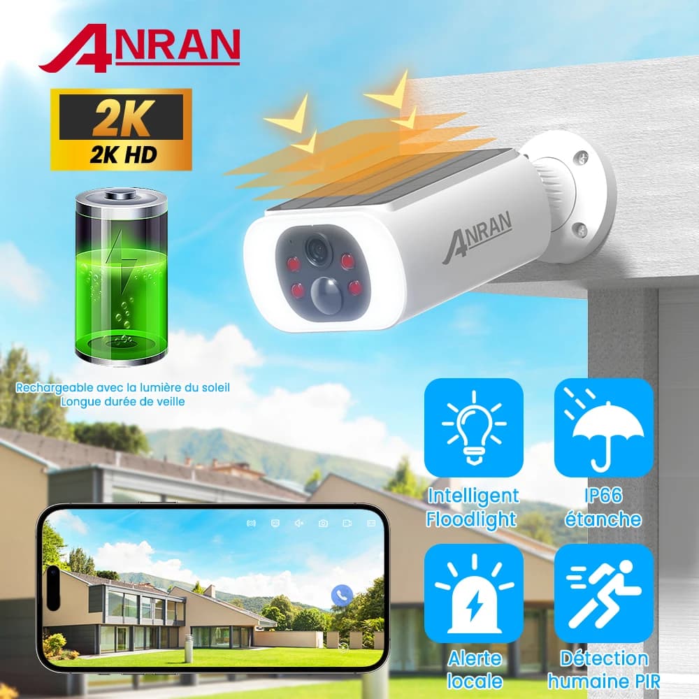 ANRAN 2K caméra solaire batterie intégrée 3MP 2.4G WIFI caméra de sécurité lumières d'inondation sto