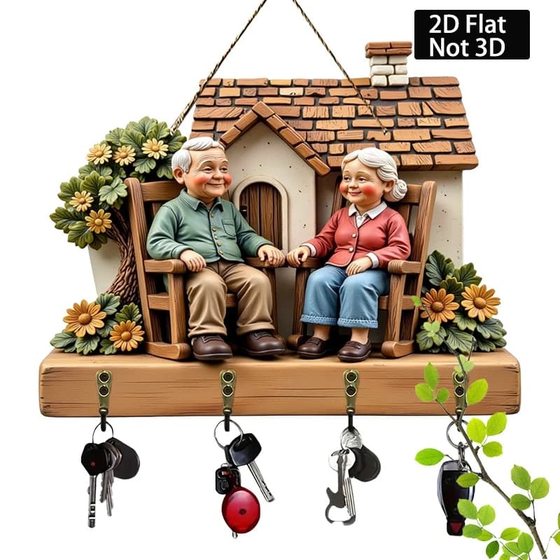 Porte-clés en bois de style rustique 2D, conception de vieux couple, décor de porche de ferme, range