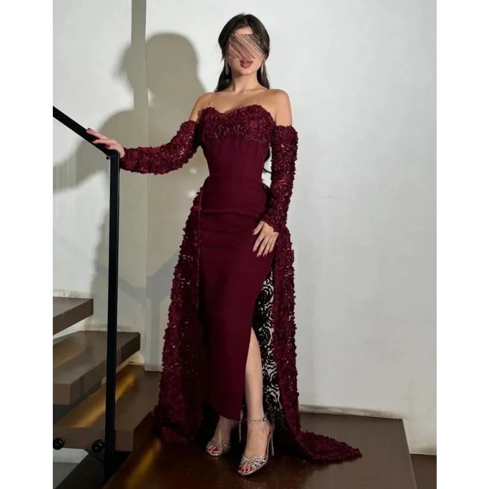 Robes de soirée sirène bordeaux pour femmes, épaules dénudées, dentelle florale, robes de bal à manc