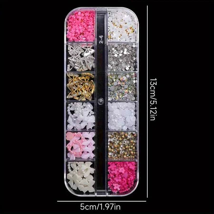 Strass pour ongles en alliage mixte, 12 grilles, nœud papillon, Mini fleur, gemmes, perles, cœur, dé