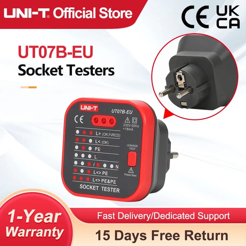 Testeur de prises UNI-T UT07B-EU – Détecteur de polarité et de phase pour prises EU (terre, neutre,