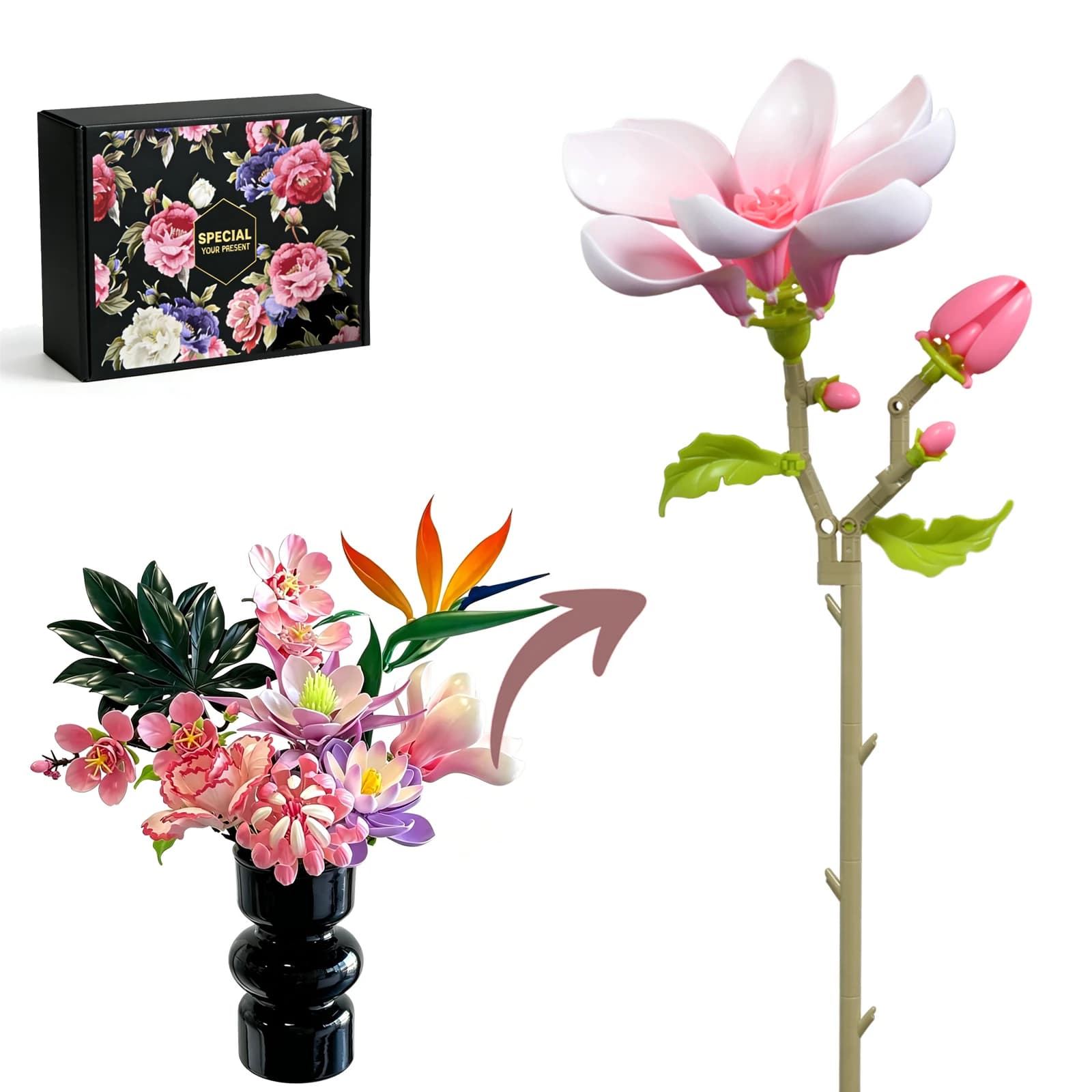 Bouquet de fleurs en blocs de construction Magnolia Blossoms avec dégradé de pétales, idéal pour la