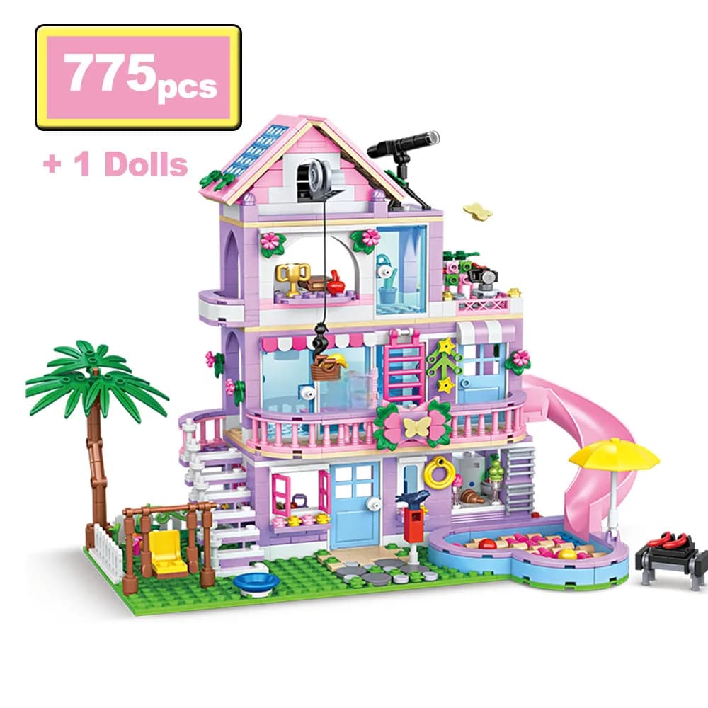 Ville amis fille Villa blocs de construction MOC trois étages bâtiment cocotier toboggan maisons fig