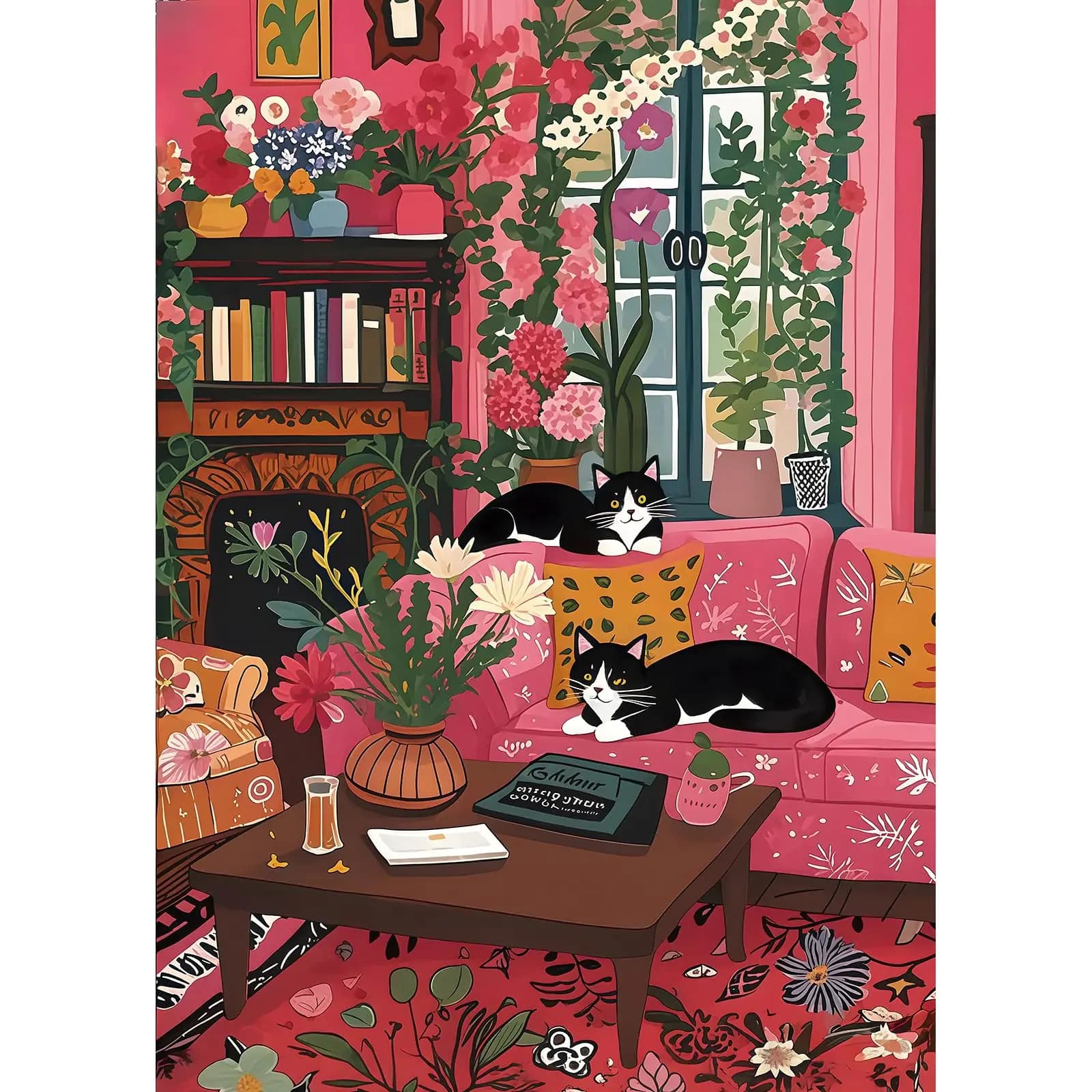 Puzzle de 500/1000/1200/2000 pièces avec paysage de maison rose et chat noir, jeux d'activités famil