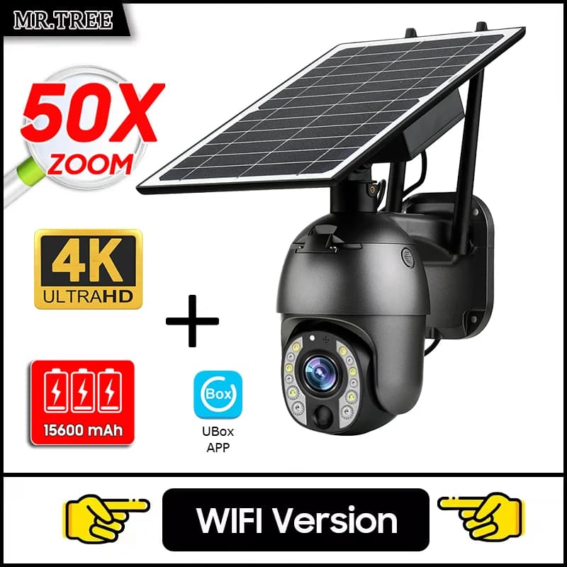 Caméra solaire domestique 4K, 4G SIM/WIFI, extérieure, zoom 50X, vision nocturne couleur, surveillan