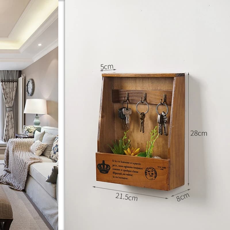 Porte-clés mural en bois vieilli style vintage avec crochets, boîte de rangement rustique pour entré