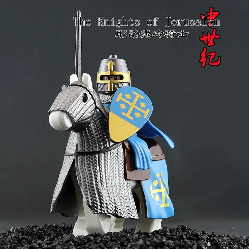 Ensemble de blocs de construction de château templier de chevaliers médiévaux, avec cheval de guerre
